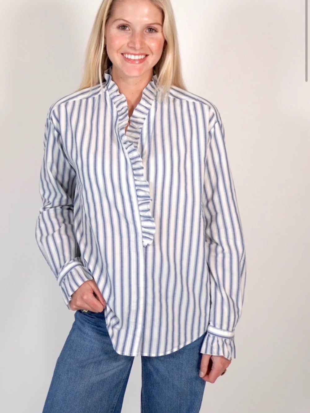 NWT Hartford Carmela Striped Ruffle V-Neck Cotton Shirt - Blue/White
